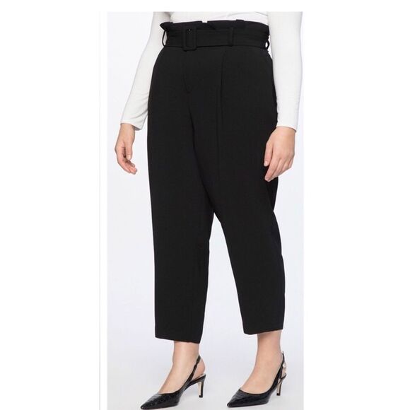 Eloquii black wide leg ankle length Pants with belted paper bag waist Sz 16 NWT - Picture 1 of 14